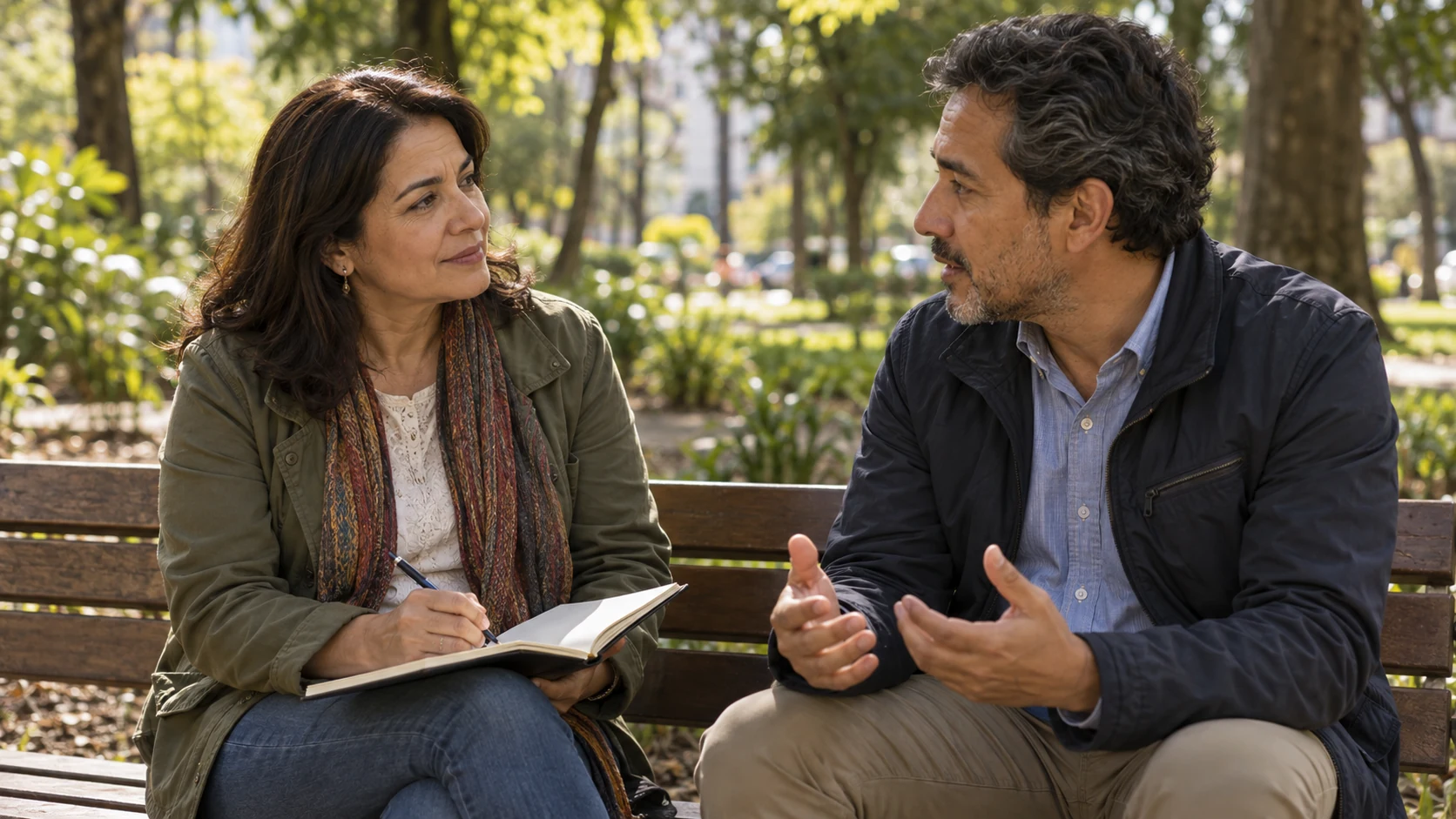 Dos profesionales conversan con atención en un parque, con una agenda abierta