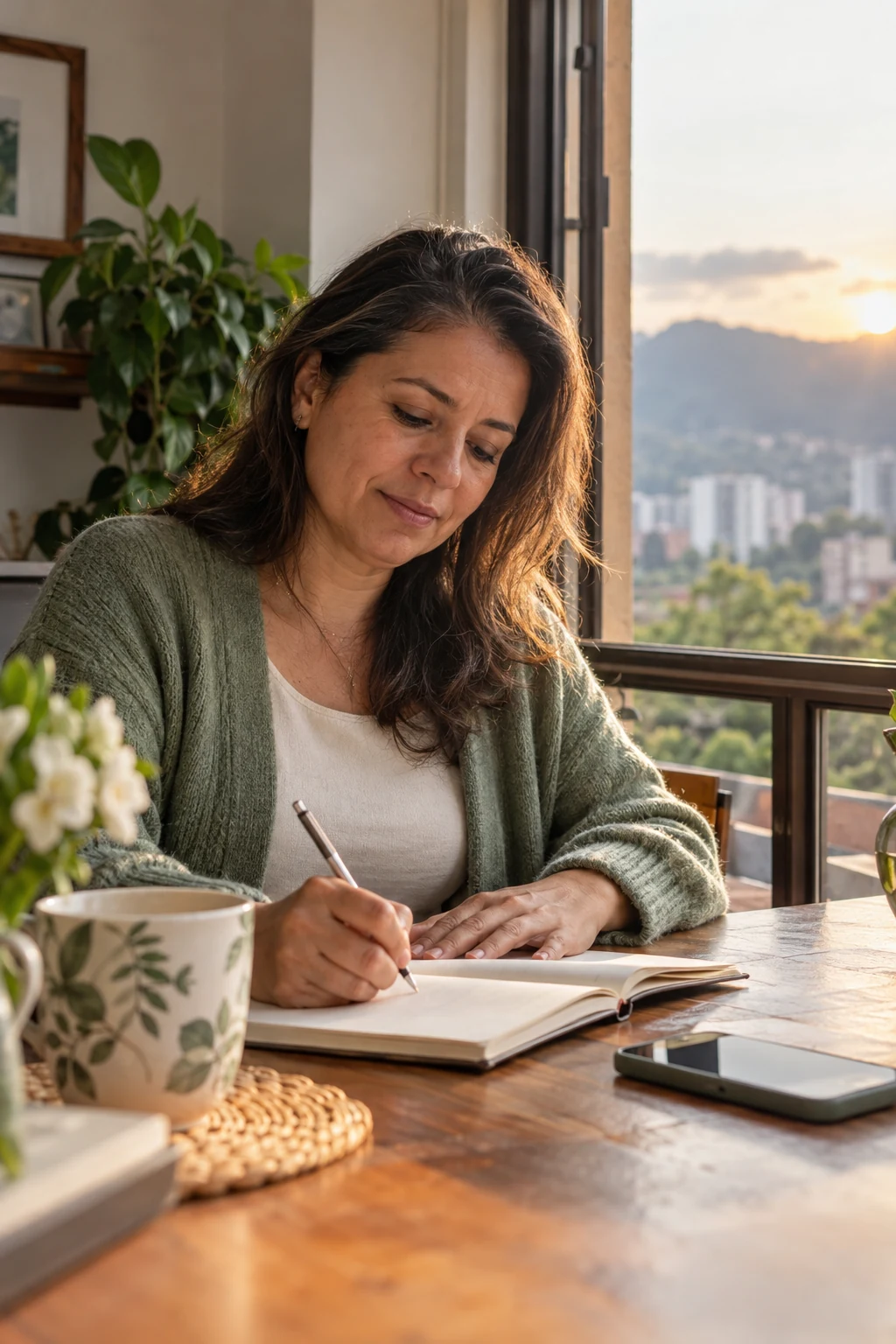 Una mujer escribe en su agenda junto a una ventana iluminada por el amanecer