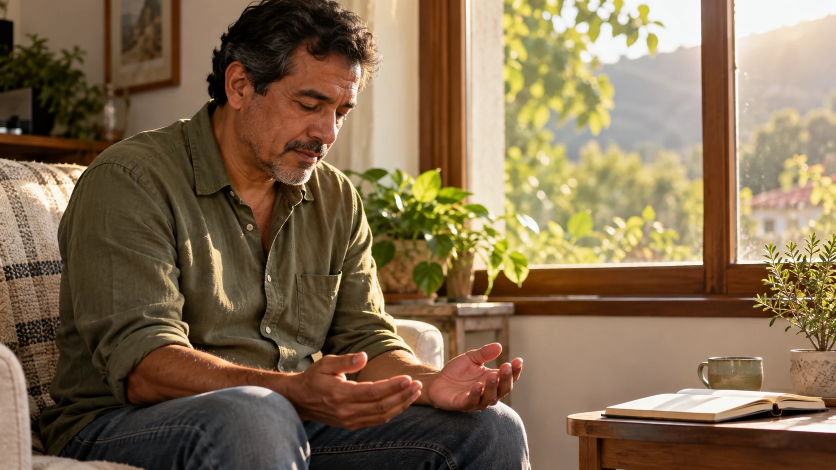 Un hombre hace una pausa de oración junto a una ventana, con las manos abiertas
